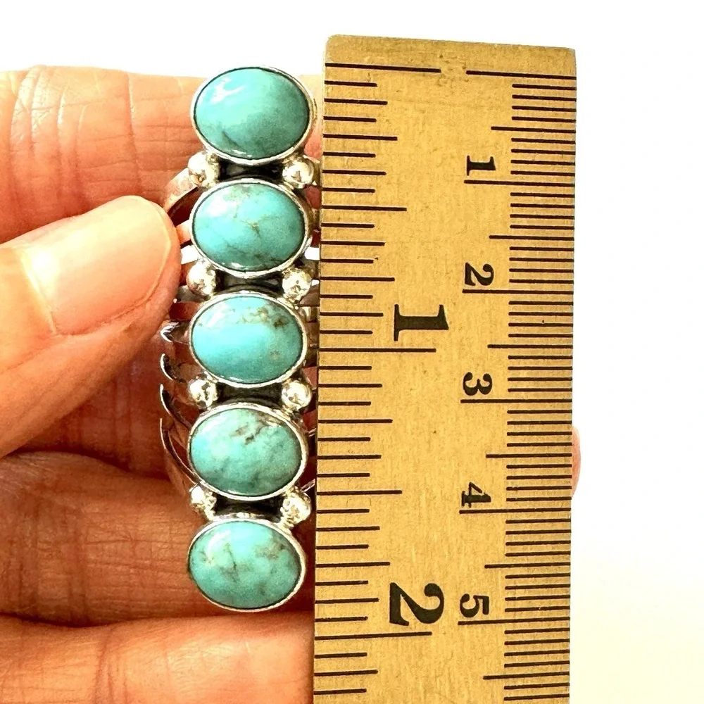 Long Navajo Ring Sz 9 Signed Yazzie Turquoise Sterling Native American 5 Stone